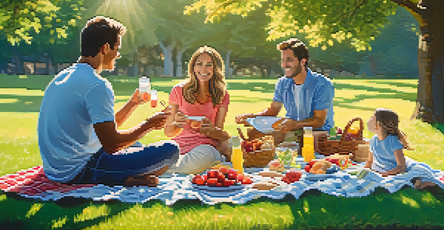 A family enjoying a healthy outdoor picnic with colorful snacks laid out on a blanket in a sunny park.