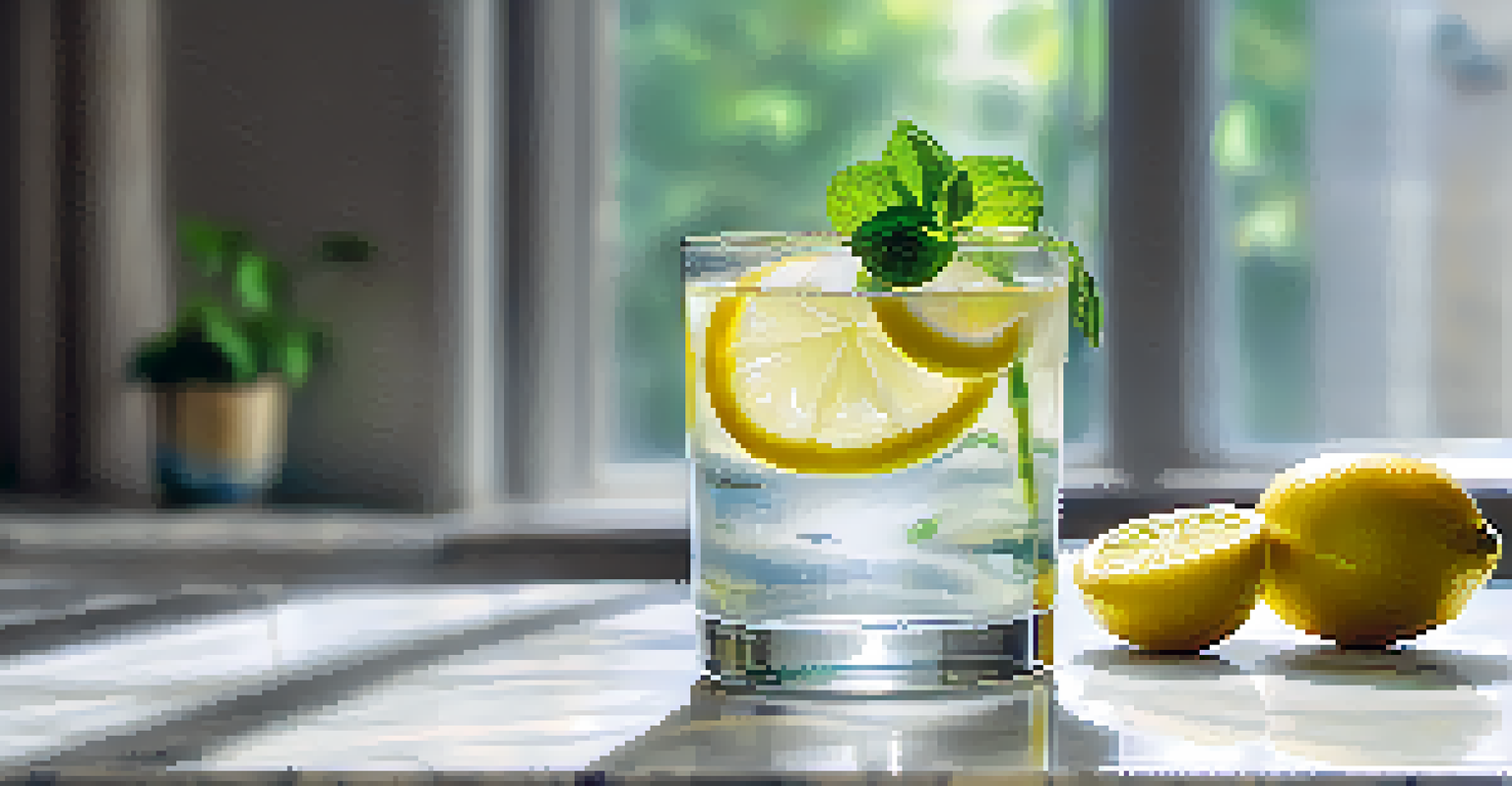 A glass of water with lemon slices and mint leaves on a marble countertop, illuminated by soft natural light.