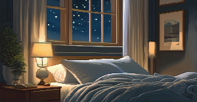 A cozy bedroom with a bed, bedside table, and a starry night sky outside the window, highlighting the importance of quality sleep.