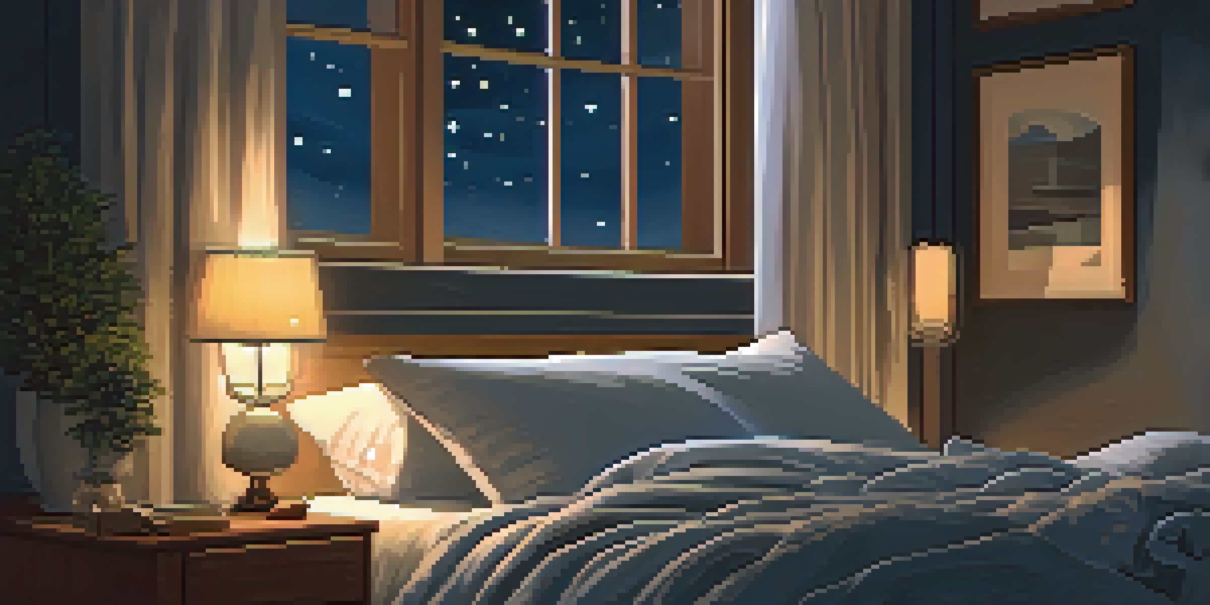 A cozy bedroom with a bed, bedside table, and a starry night sky outside the window, highlighting the importance of quality sleep.