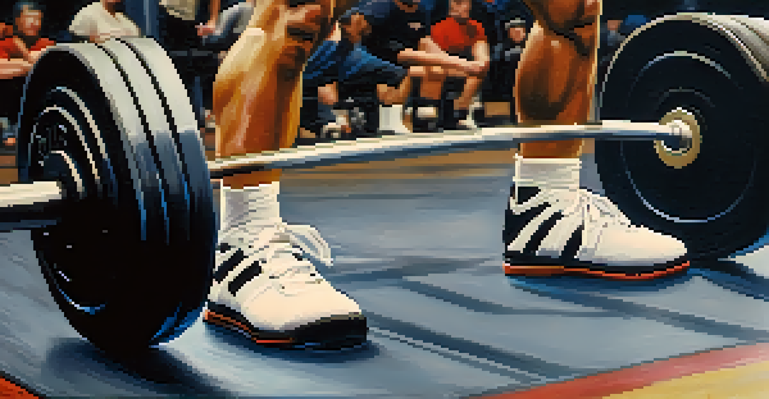 A close-up of a powerlifter's feet in a squat position, showcasing the textured gym floor and supportive shoes for stability.