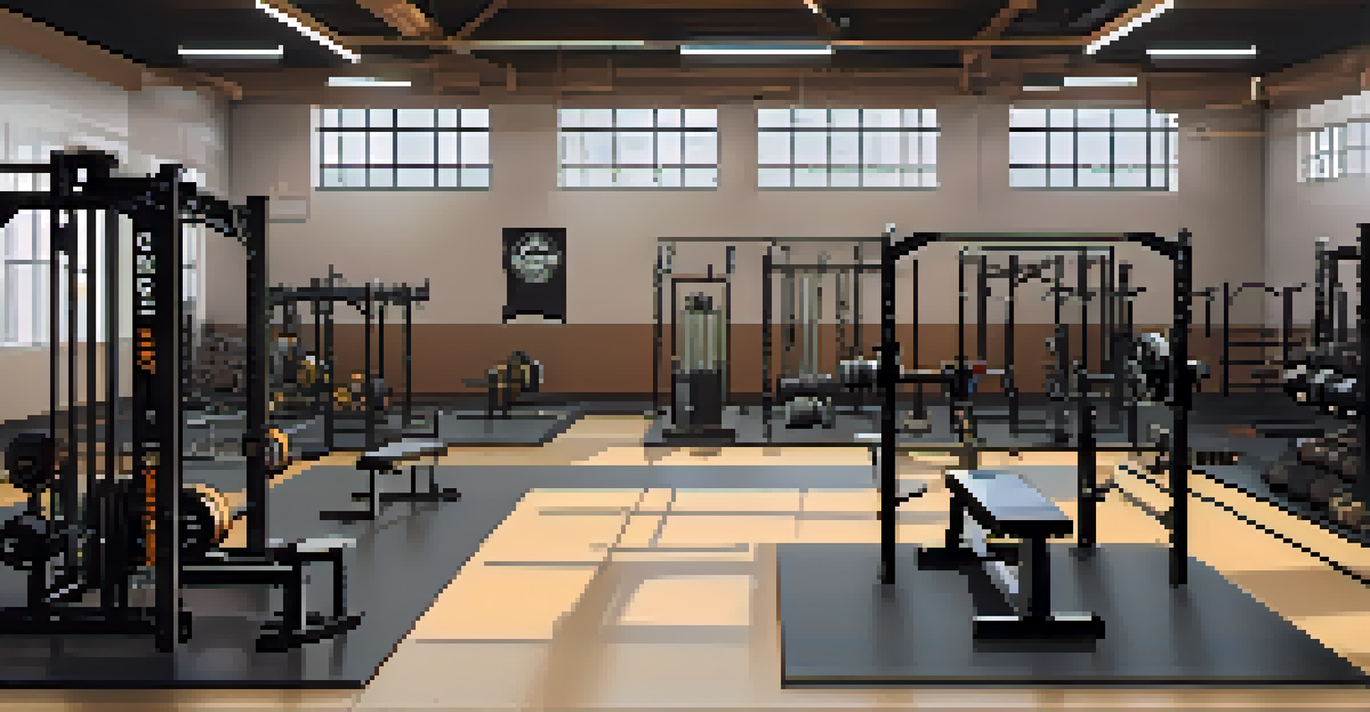 A well-organized powerlifting gym from above, featuring squat racks, weights, and motivational posters, illuminated by bright lights.