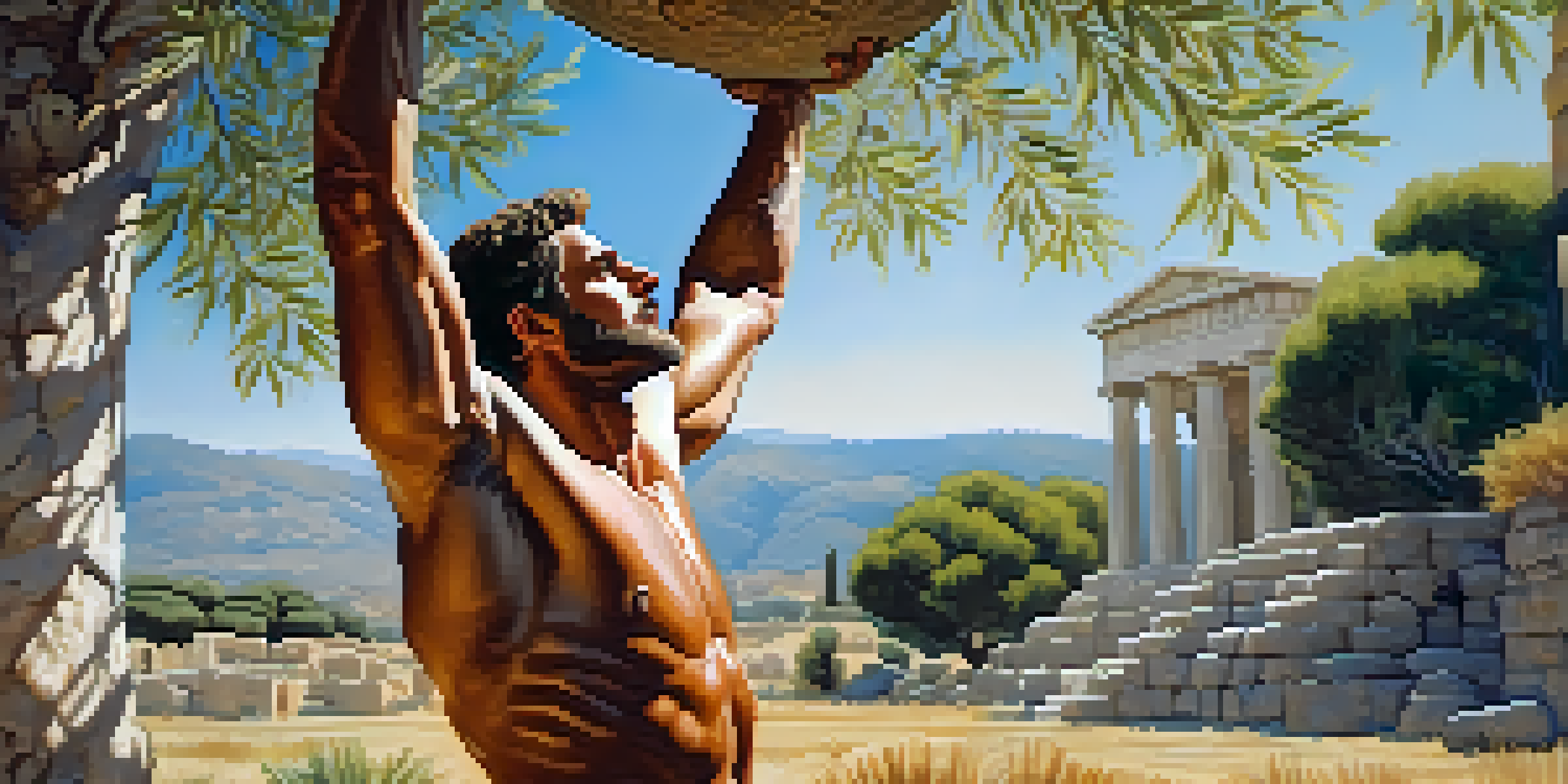 An ancient Greek athlete lifting a large stone in an olive grove, with sunlight streaming through the trees and ancient ruins in the background.