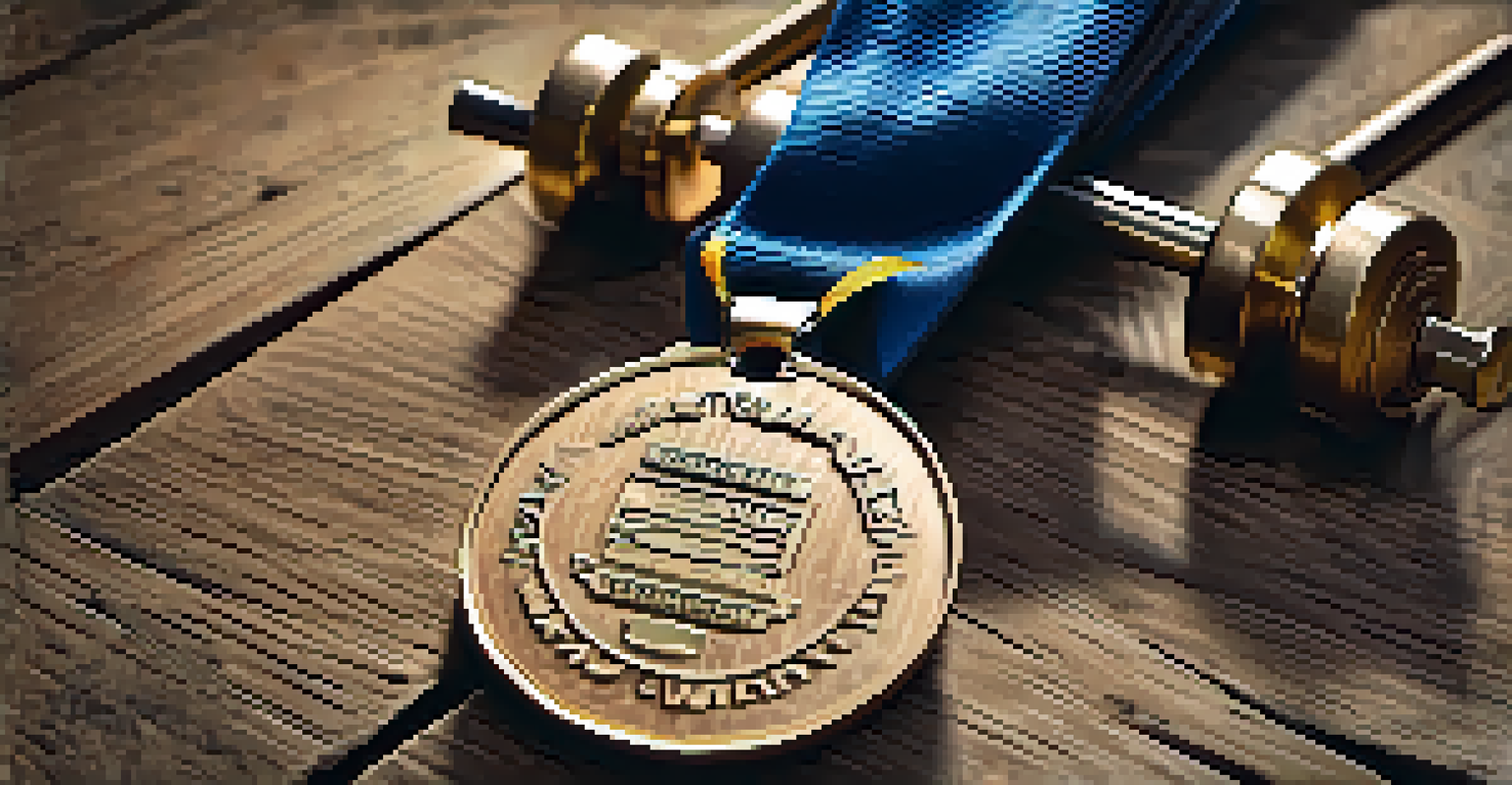 A close-up of a gold powerlifting medal on a wooden table, with blurred competition elements in the background.