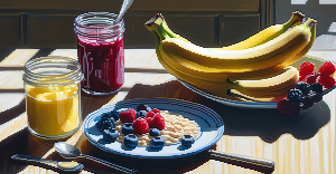 A colorful kitchen with a banana and a bowl of oatmeal on a wooden table, illuminated by sunlight.