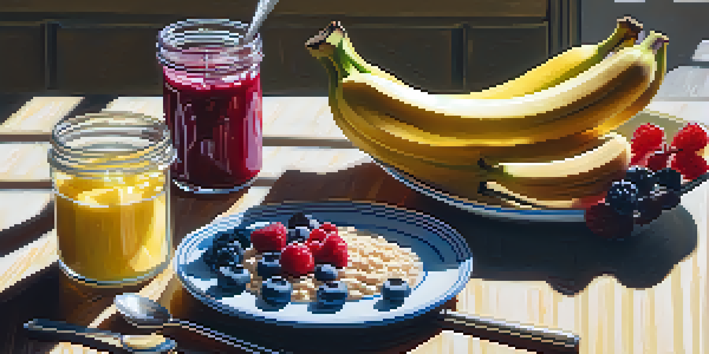 A colorful kitchen with a banana and a bowl of oatmeal on a wooden table, illuminated by sunlight.