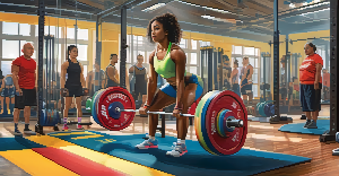 A diverse group of athletes training in a bright powerlifting gym, with a young woman lifting weights in the foreground.