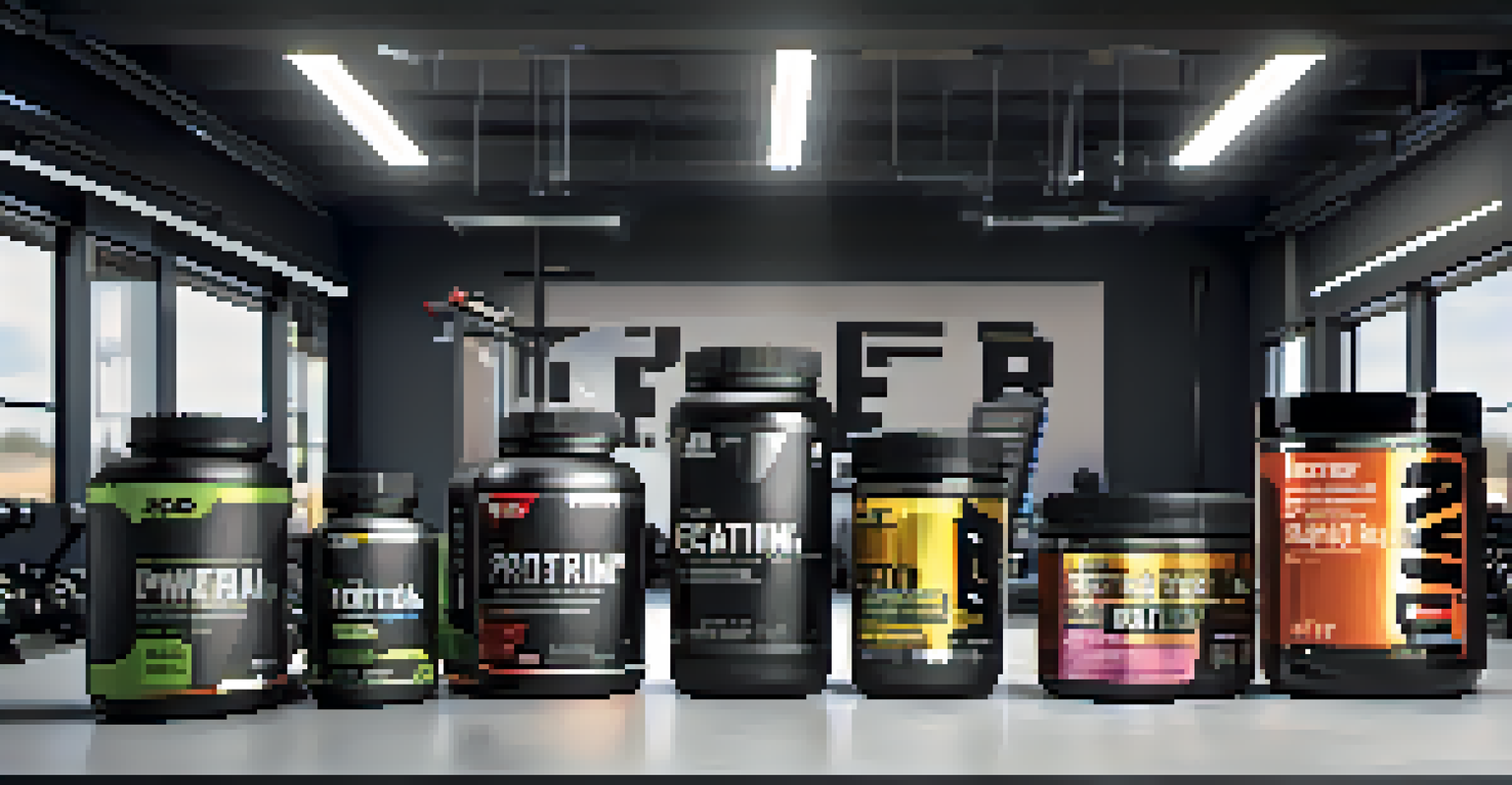An overhead view of a powerlifting supplement station with protein powder, creatine, and BCAAs in a gym setting, illuminated by soft lighting.