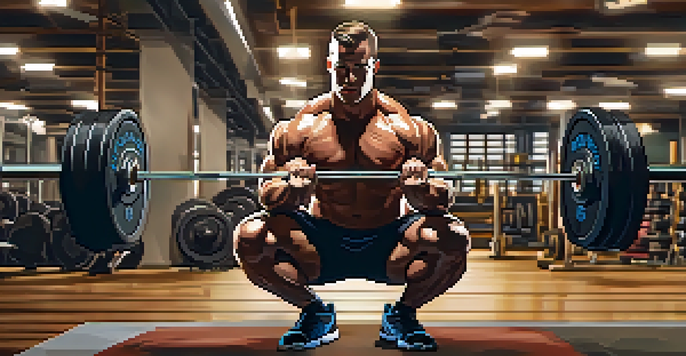 A muscular powerlifter squatting with a barbell in a gym, demonstrating proper body mechanics and alignment of knees and hips.