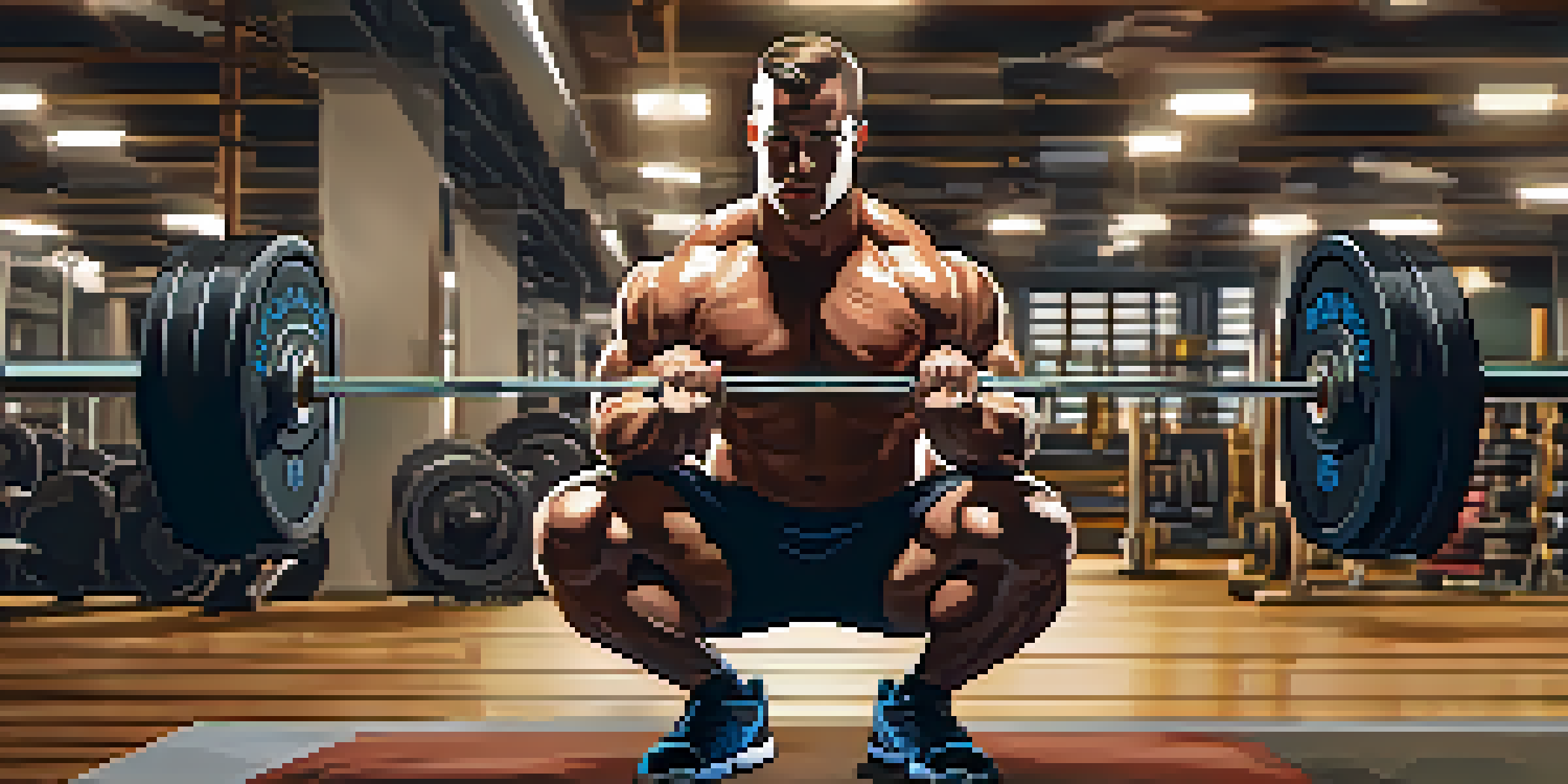 A muscular powerlifter squatting with a barbell in a gym, demonstrating proper body mechanics and alignment of knees and hips.
