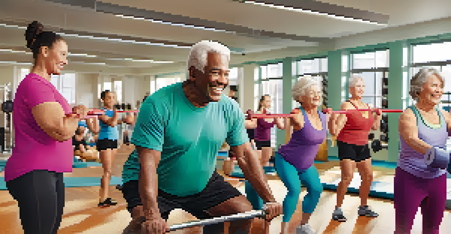 A diverse group of older adults learning powerlifting techniques in a fitness class with a trainer.