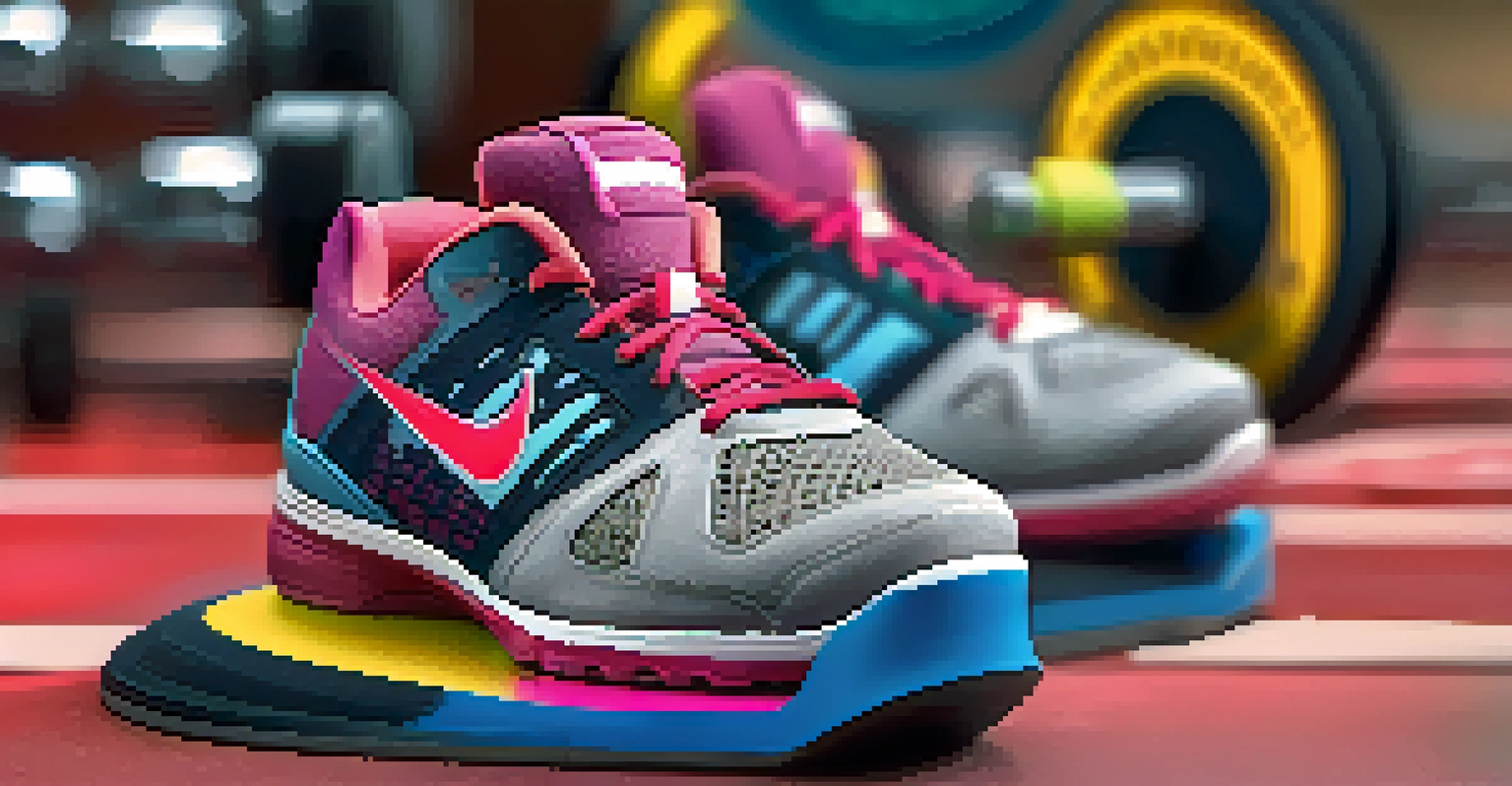 Close-up of weightlifting shoes beside a loaded barbell, showcasing the shoes' vibrant design and details.