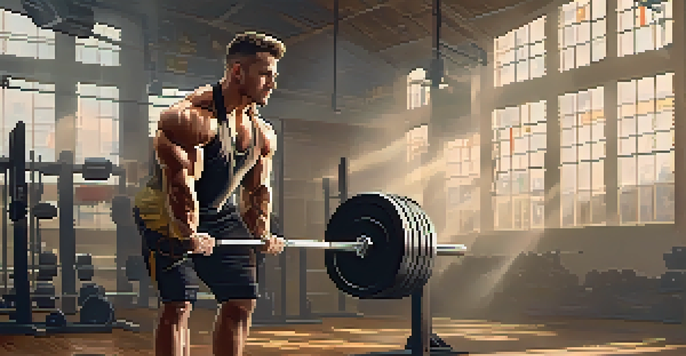A determined weightlifter lifting a heavy barbell in a well-lit gym, showcasing their muscular build and the surrounding gym equipment.
