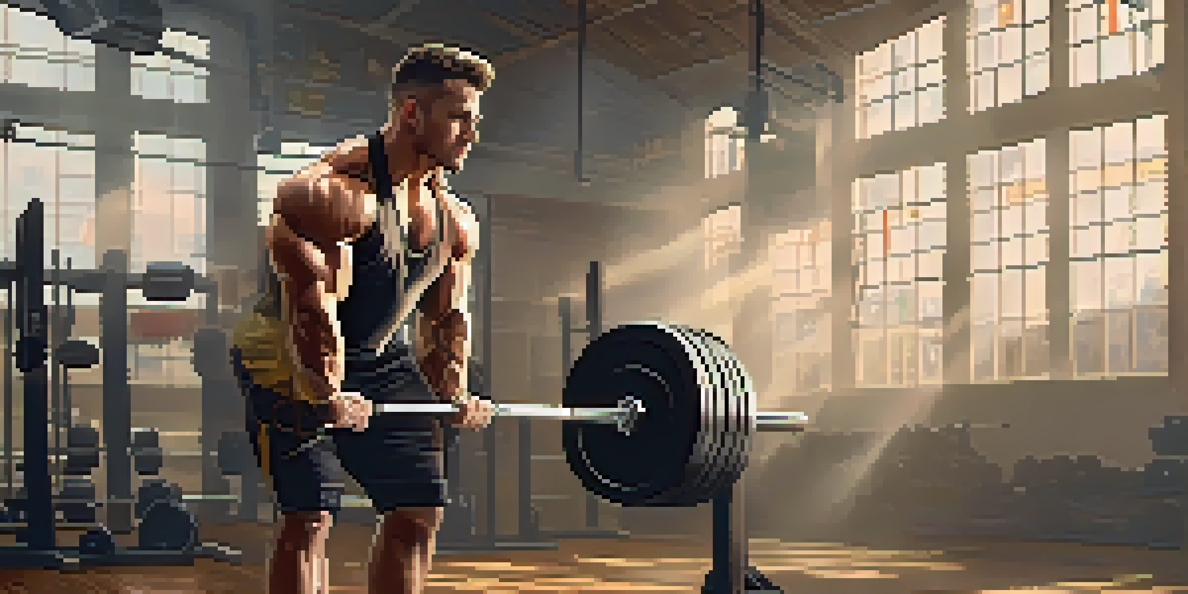 A determined weightlifter lifting a heavy barbell in a well-lit gym, showcasing their muscular build and the surrounding gym equipment.