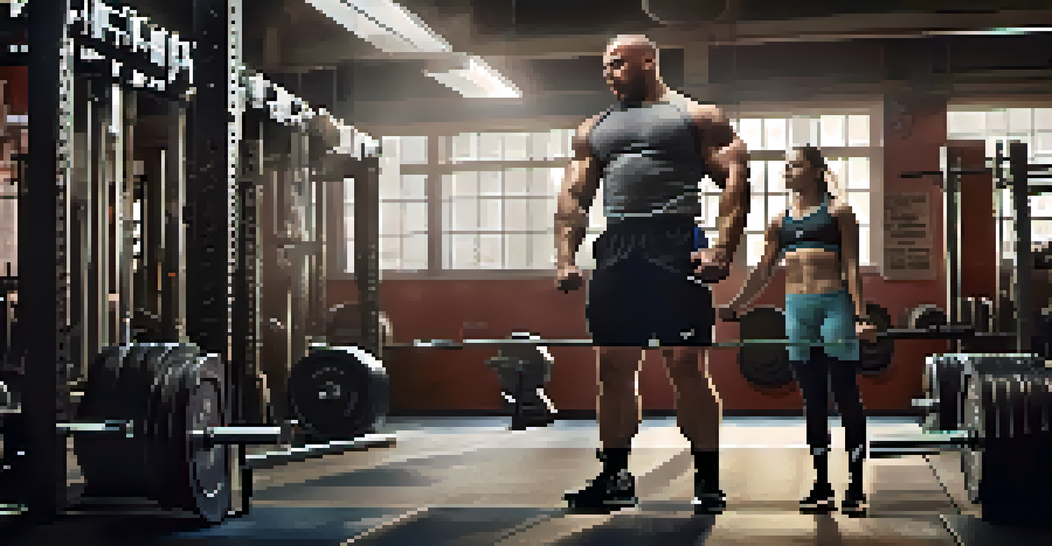 A seasoned powerlifter mentoring a beginner on proper deadlift technique in a gym setting.