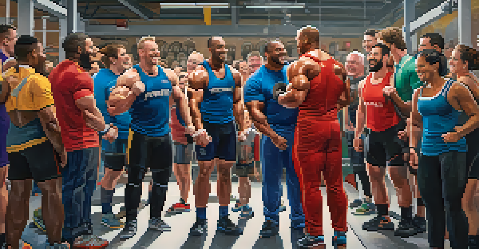 A group of powerlifters celebrating together in a gym, showing joy and camaraderie after a successful lift.