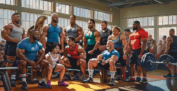 A diverse group of powerlifters in a gym, smiling and supporting each other with weights and benches around them.