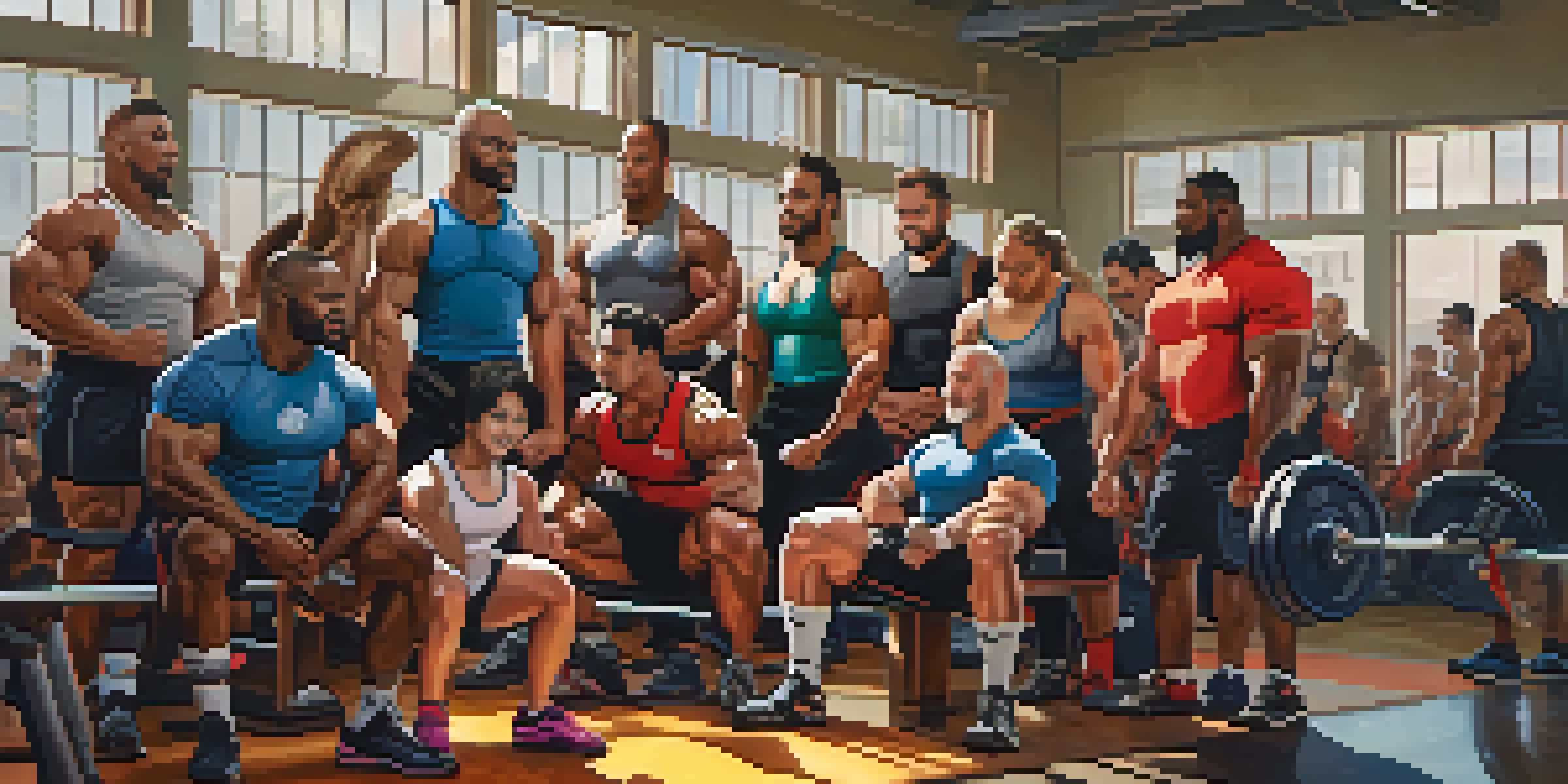 A diverse group of powerlifters in a gym, smiling and supporting each other with weights and benches around them.