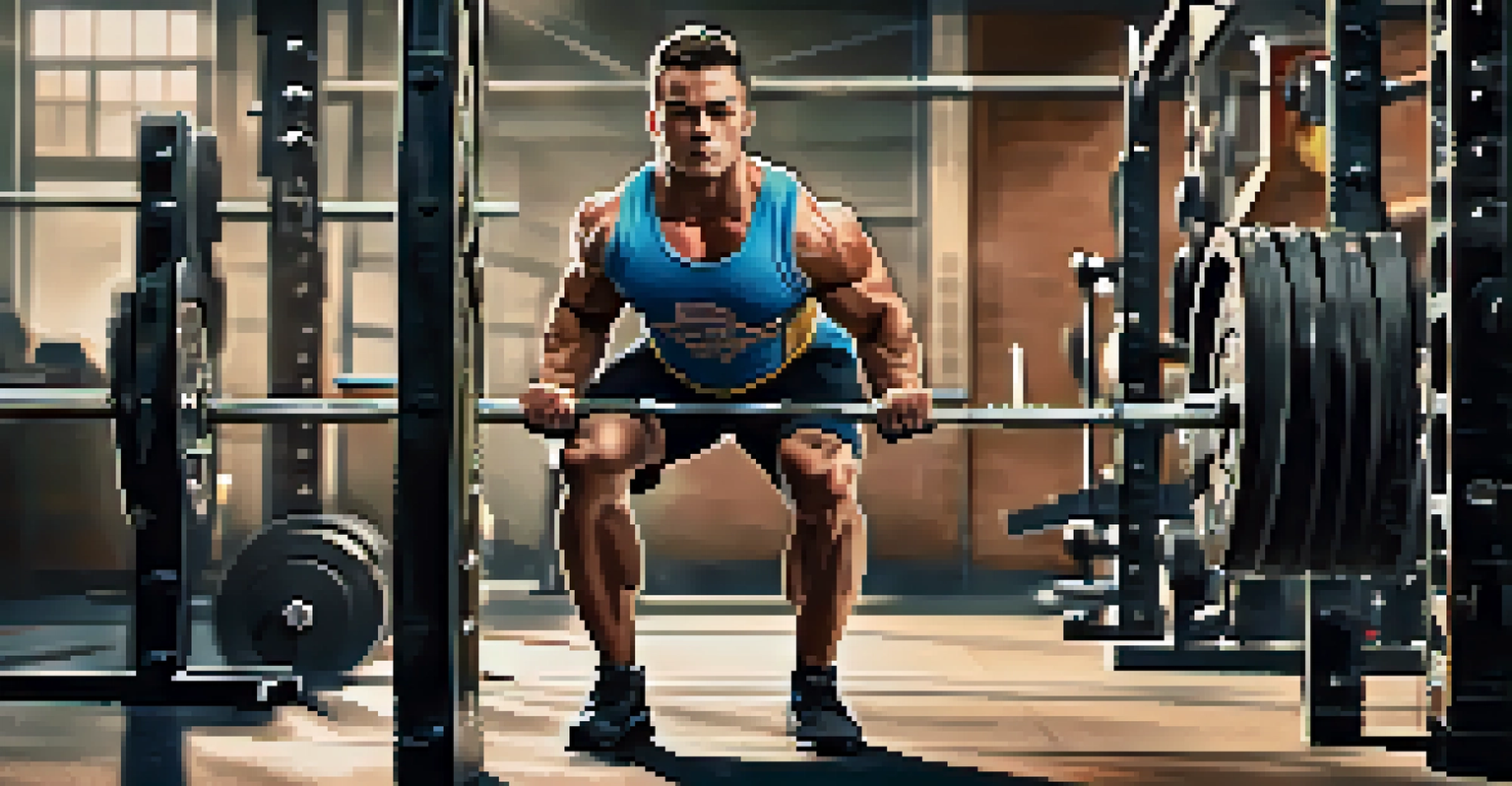 A powerlifter in action, lifting a heavy barbell in a gym setting, showcasing determination.