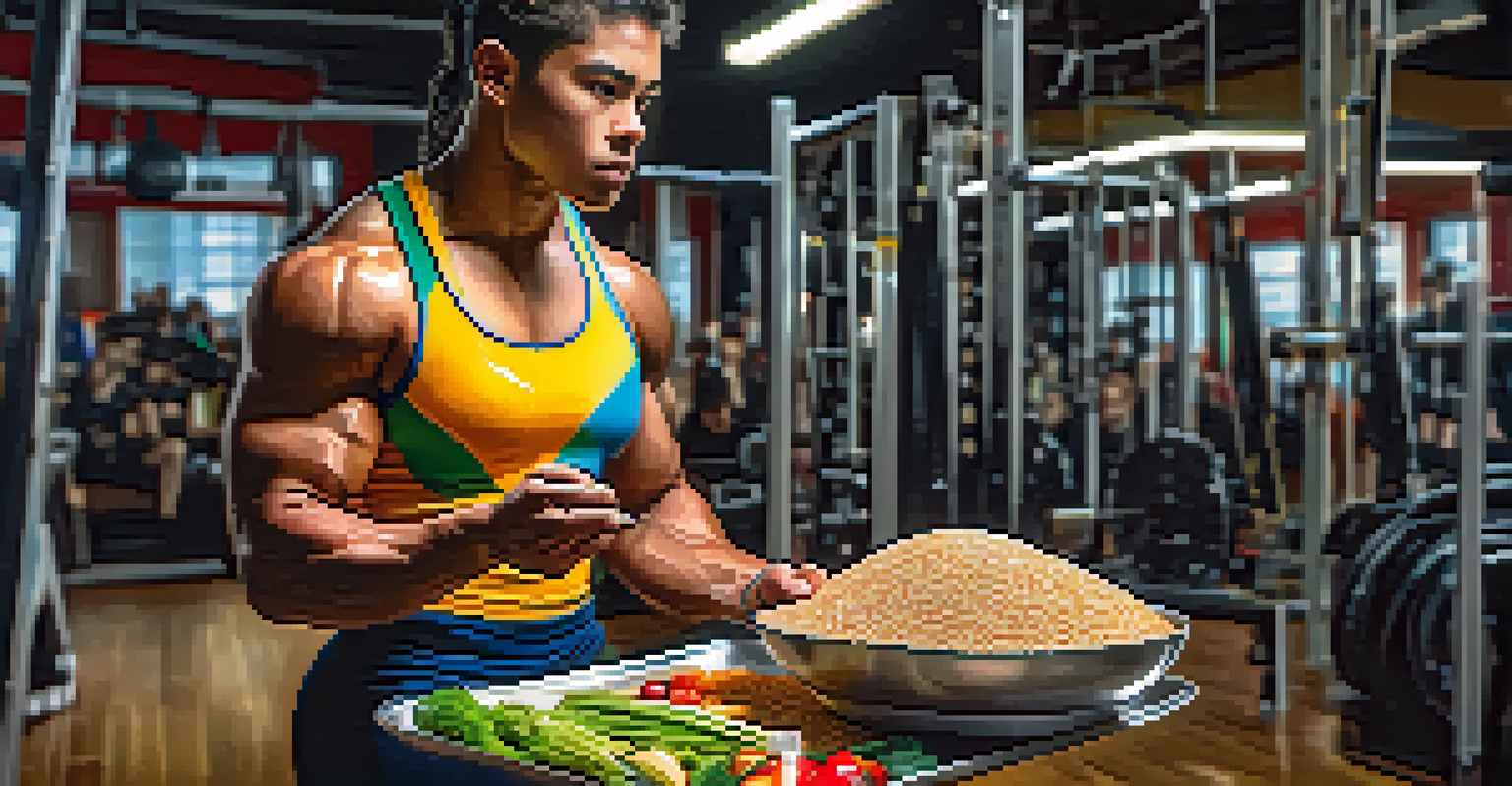 A powerlifter holding a plate of healthy carbohydrates, looking focused in a brightly lit gym.