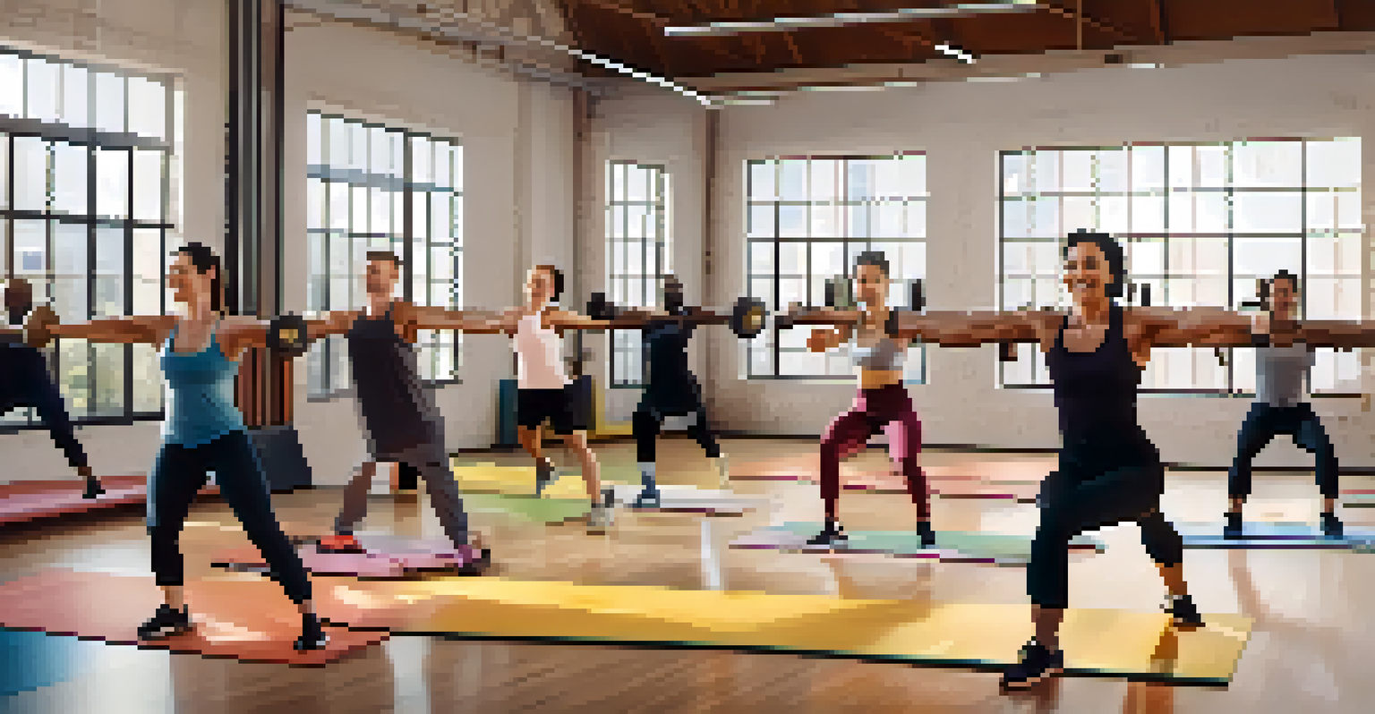 A group of diverse lifters doing synchronized stretches and supporting each other in a gym.