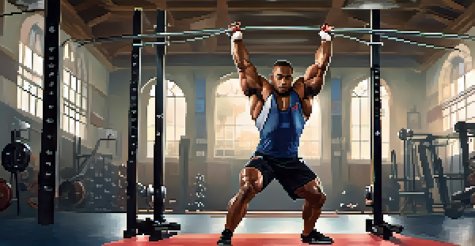 A powerlifter doing dynamic warm-up exercises in a gym, featuring leg swings and arm circles with gym equipment in the background.