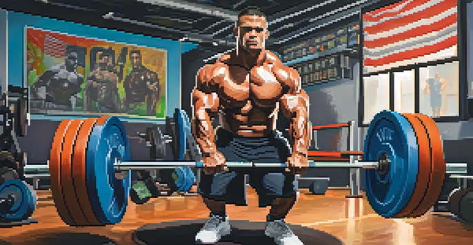 A powerlifter lifting weights in a gym, showing intense concentration and muscle definition.