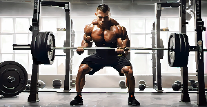 A powerlifter in a gym performing a squat with a barbell, demonstrating proper form and strength.
