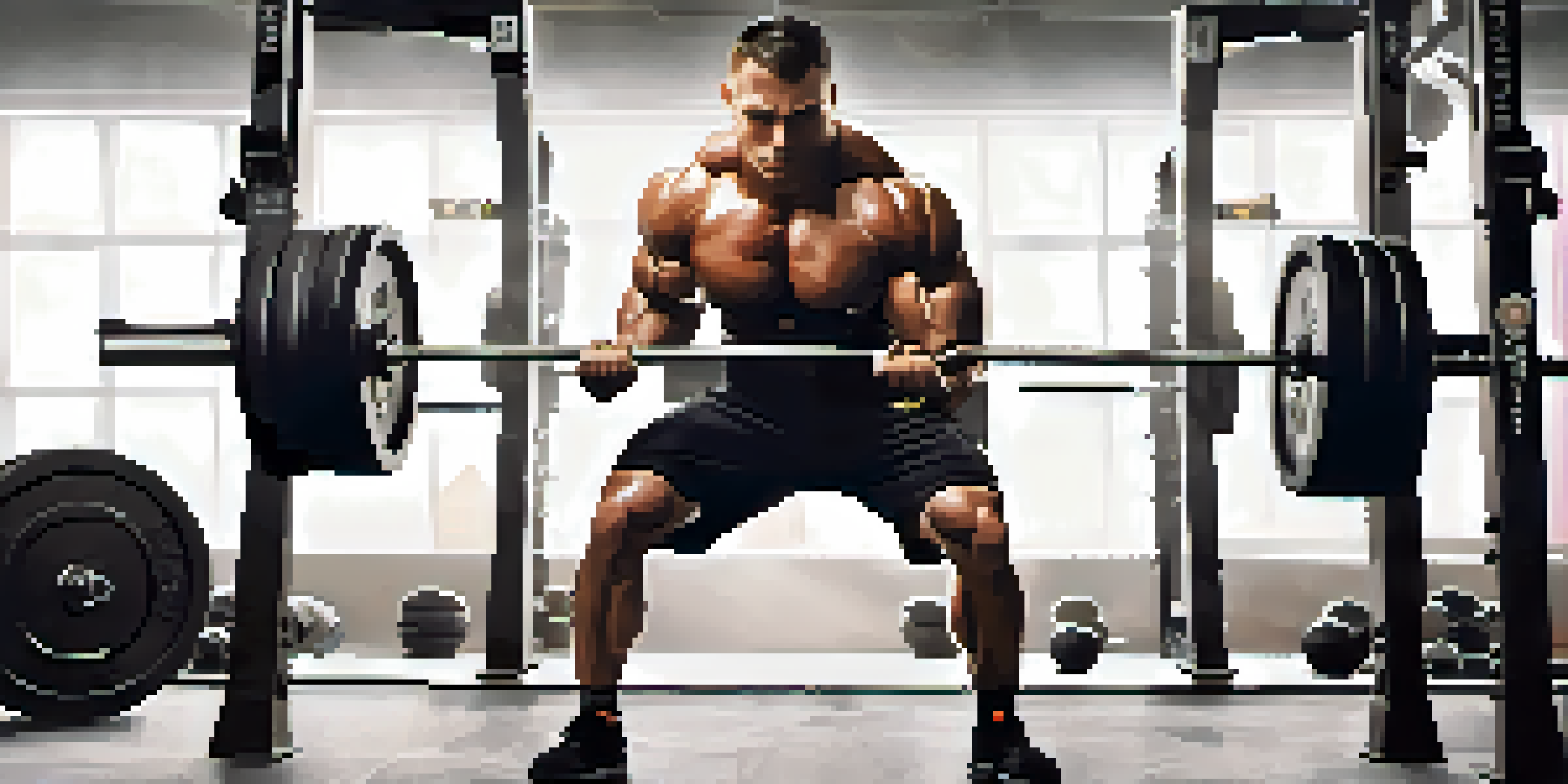A powerlifter in a gym performing a squat with a barbell, demonstrating proper form and strength.