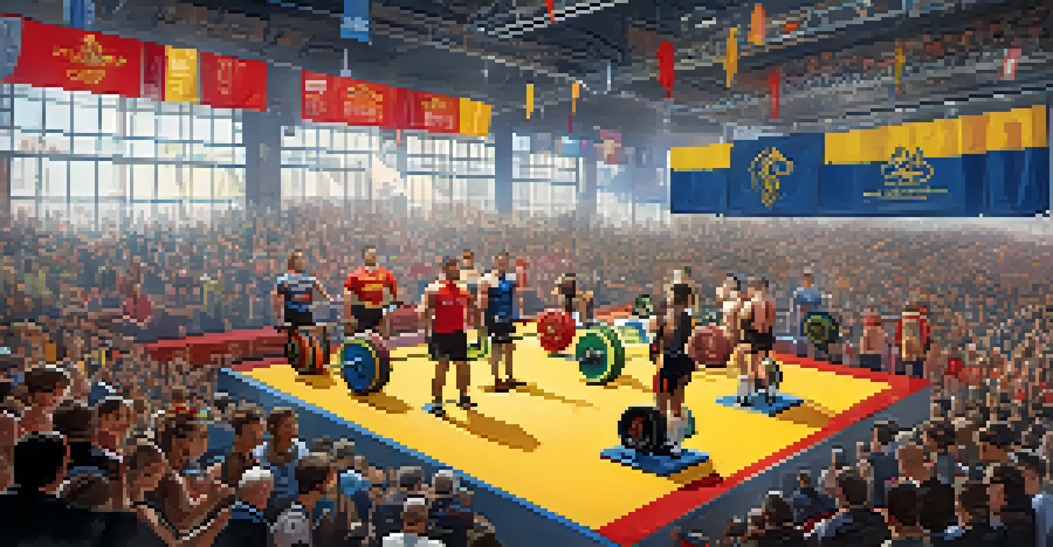 Overhead view of a lively indoor powerlifting competition, with athletes preparing to lift and an enthusiastic audience in the background.