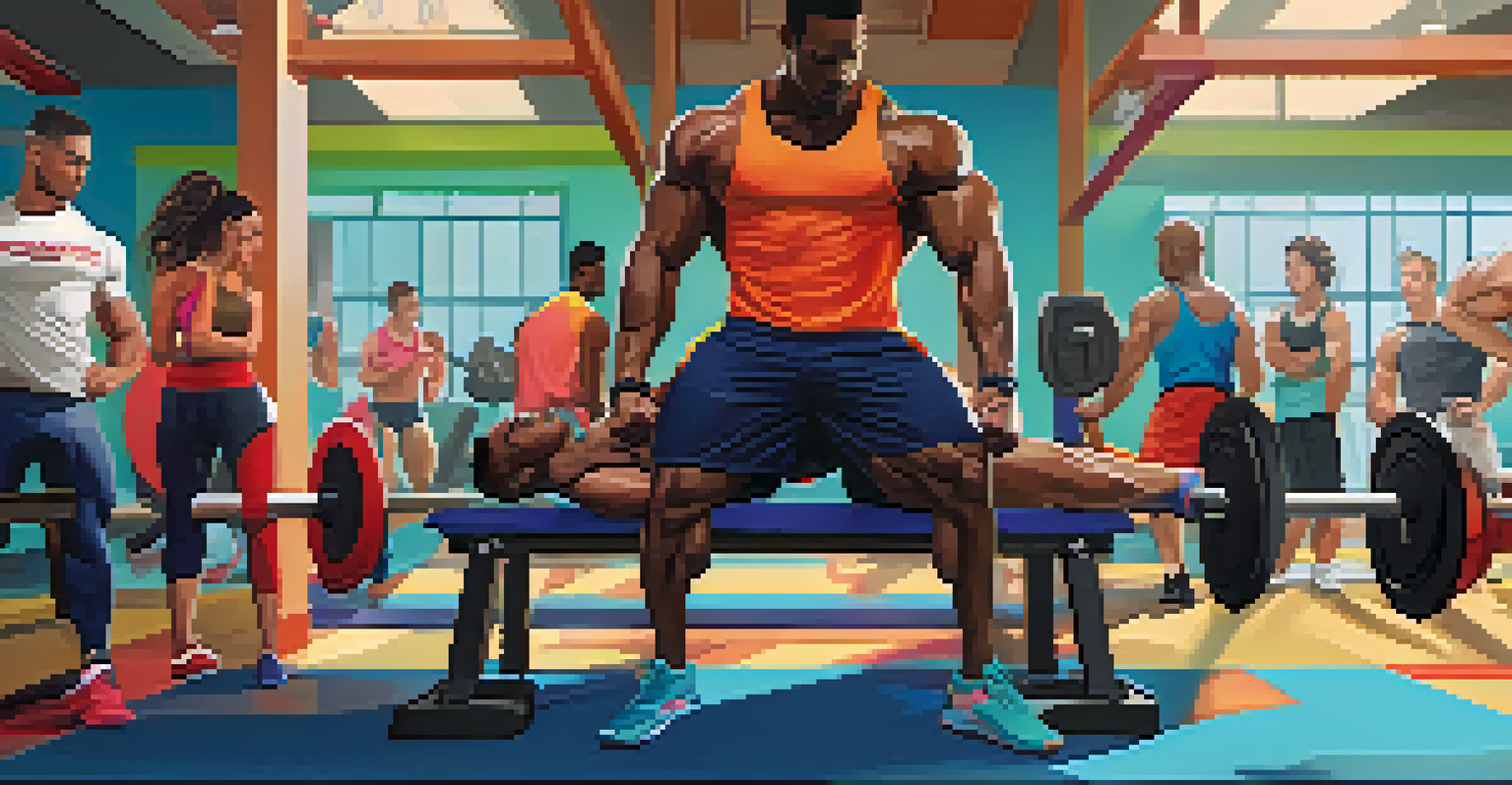 A group of athletes working out together on bench presses, demonstrating teamwork and motivation in a gym.