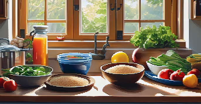 A kitchen countertop displaying a variety of healthy meal prep ingredients, with sunlight illuminating the colorful food items.
