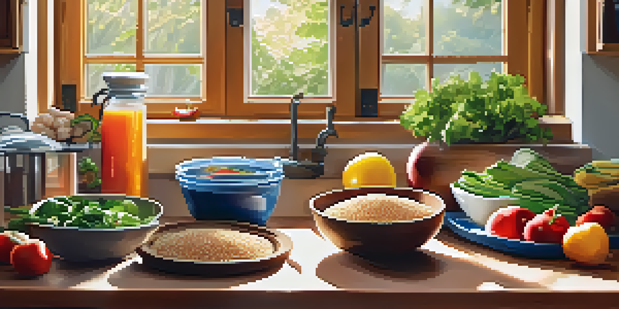 A kitchen countertop displaying a variety of healthy meal prep ingredients, with sunlight illuminating the colorful food items.