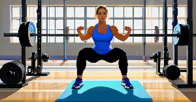 A female powerlifter squatting in a modern gym, wearing a blue tank top and black leggings, with colorful weights on the squat rack.