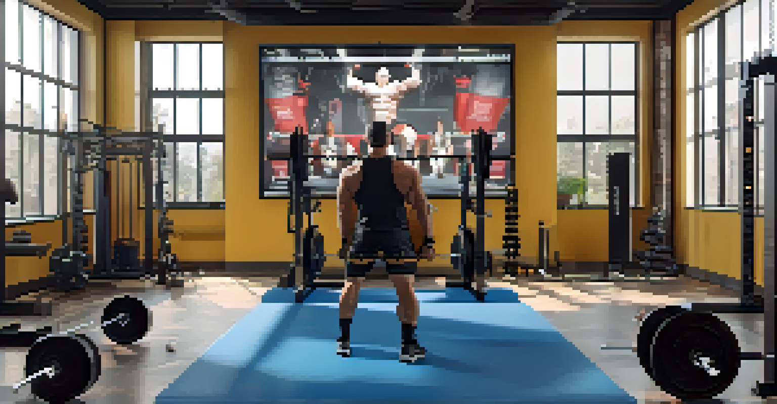 A powerlifter lifting weights with a coach visible on a screen during a virtual coaching session.