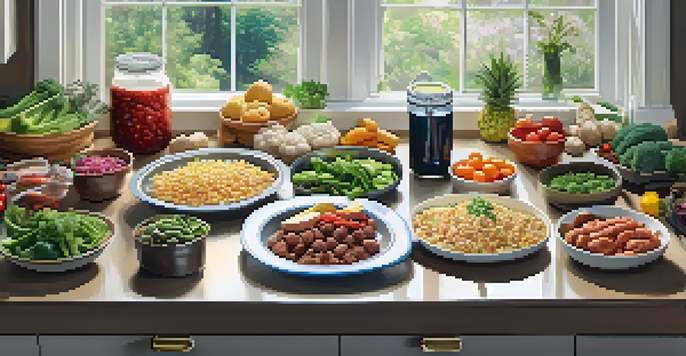 A kitchen countertop filled with healthy foods like lean meats and vegetables, along with a glass of water.