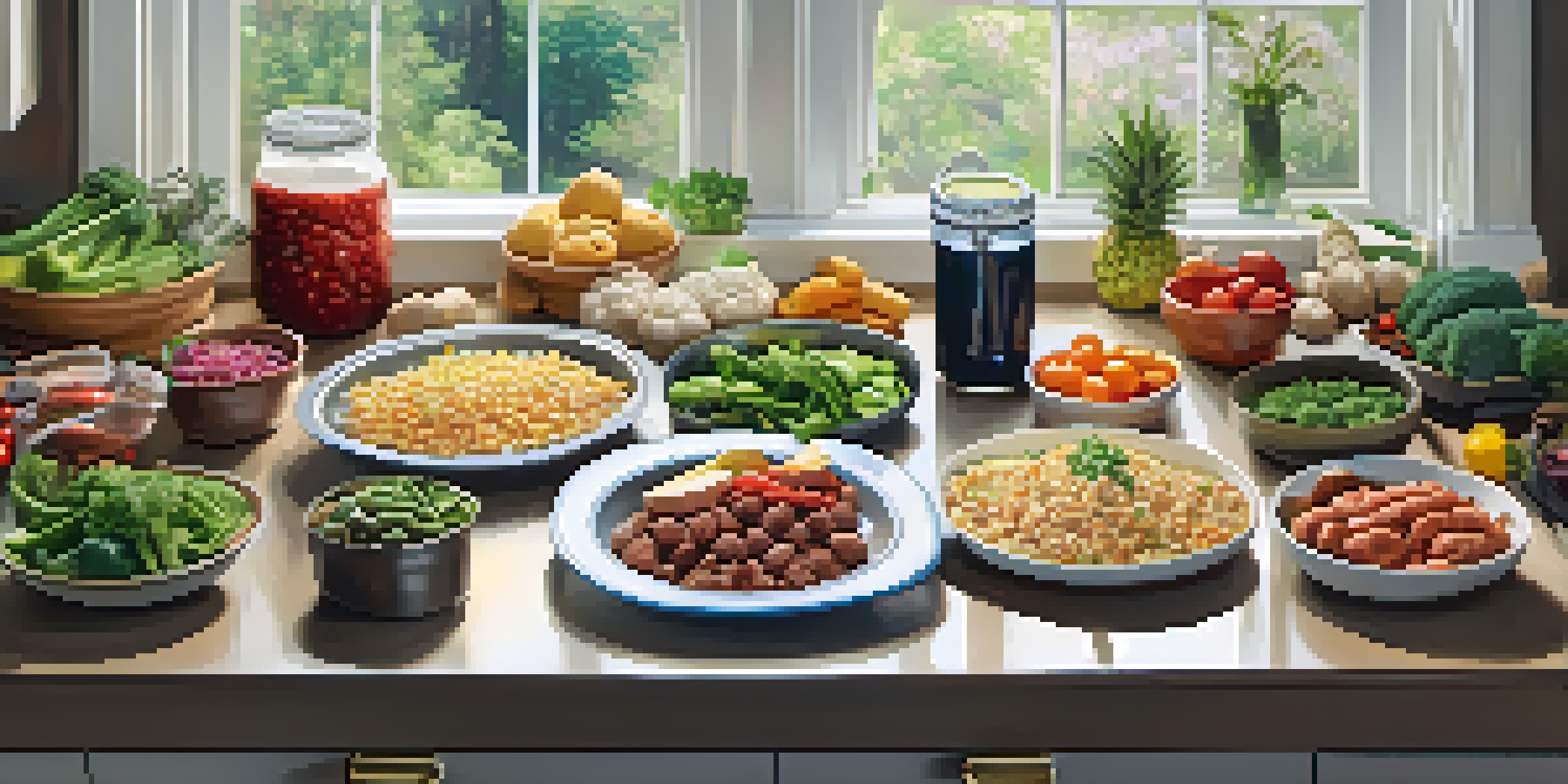 A kitchen countertop filled with healthy foods like lean meats and vegetables, along with a glass of water.