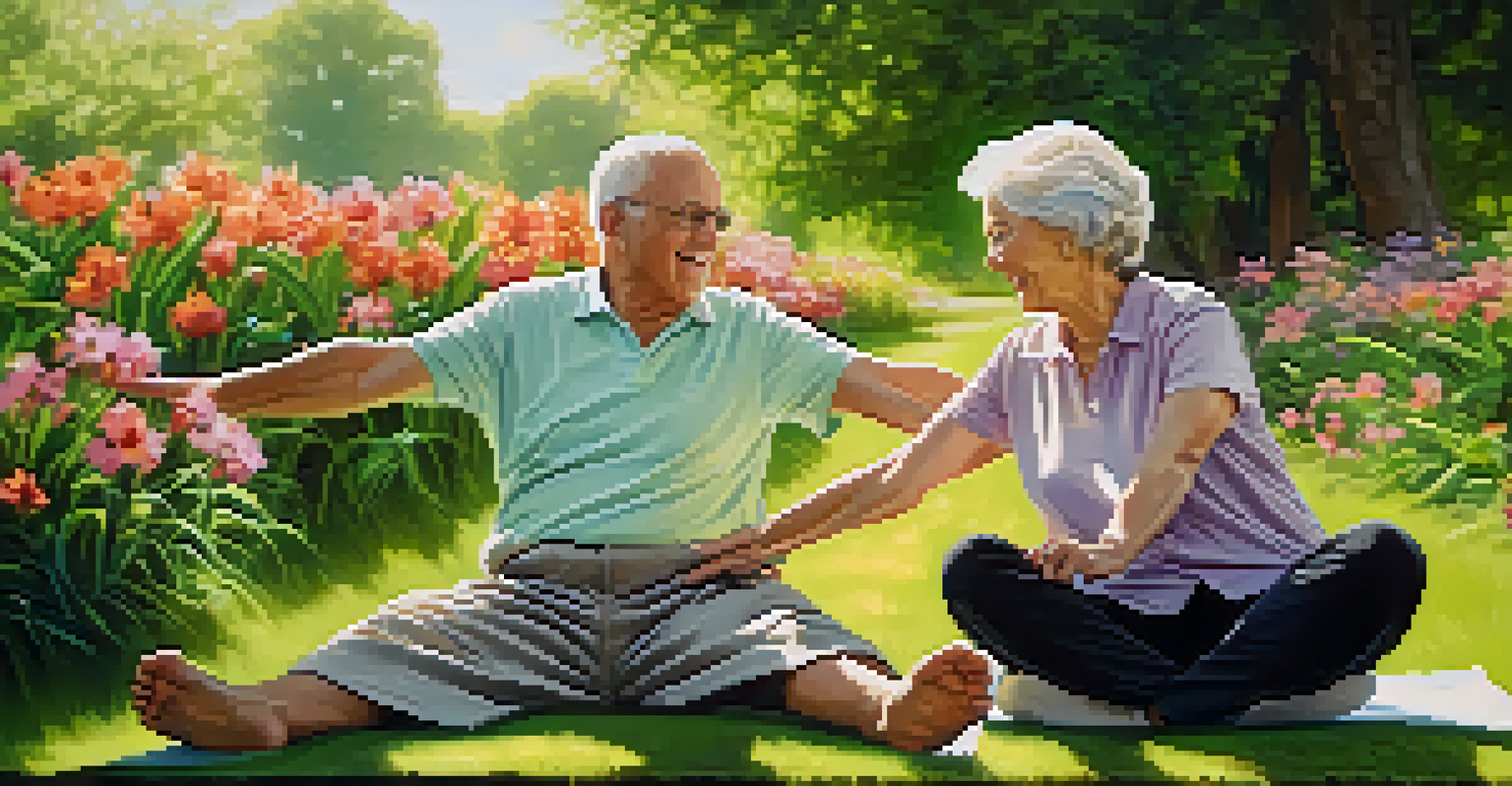 An older adult couple stretching and practicing mobility exercises in a sunny park, surrounded by nature.