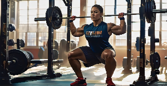 A powerlifting athlete squatting with weights in a bright gym, surrounded by equipment and natural light.