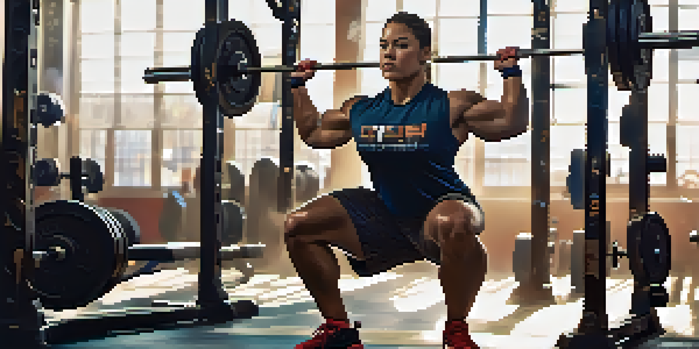 A powerlifting athlete squatting with weights in a bright gym, surrounded by equipment and natural light.