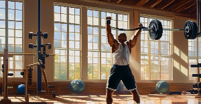 A powerlifter warming up with leg swings and arm circles in a sunlit gym filled with equipment.