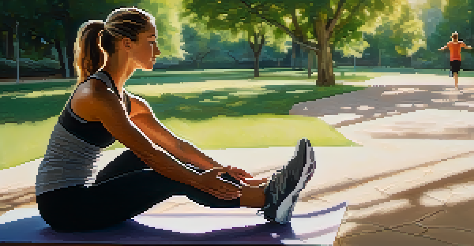 An athlete performing a hamstring stretch on a yoga mat in a serene park, with sunlight filtering through the trees, promoting a sense of peace and relaxation.