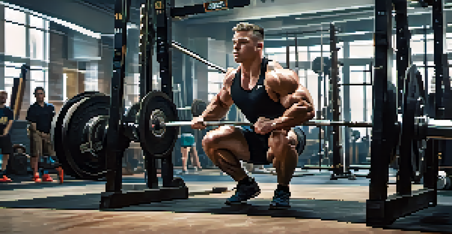 A powerlifter performing a squat in a gym, with weights on the barbell and a focused expression.