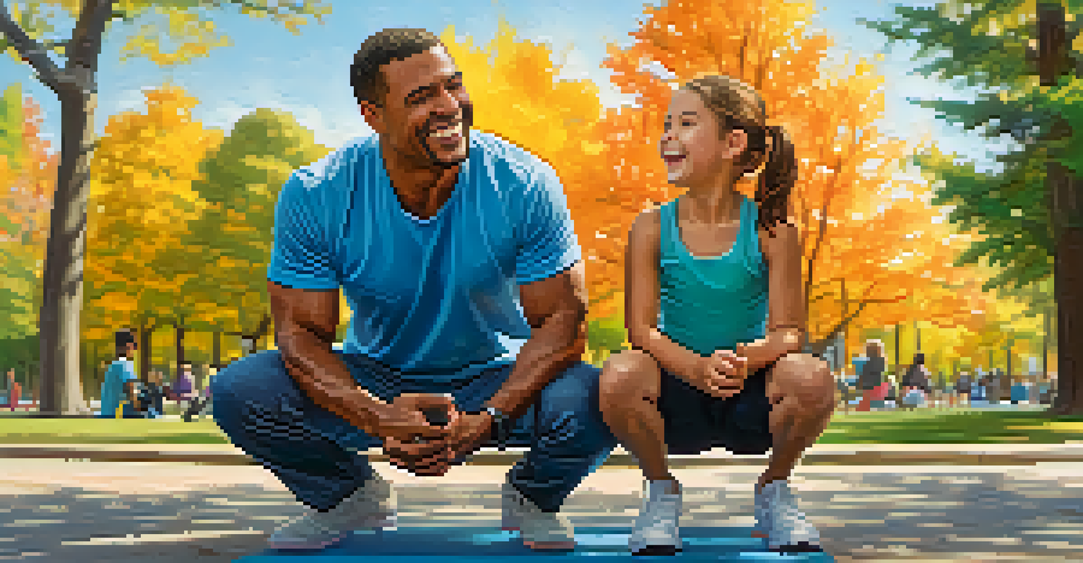 A father and daughter practicing squats together in a park, sharing laughter and encouragement.