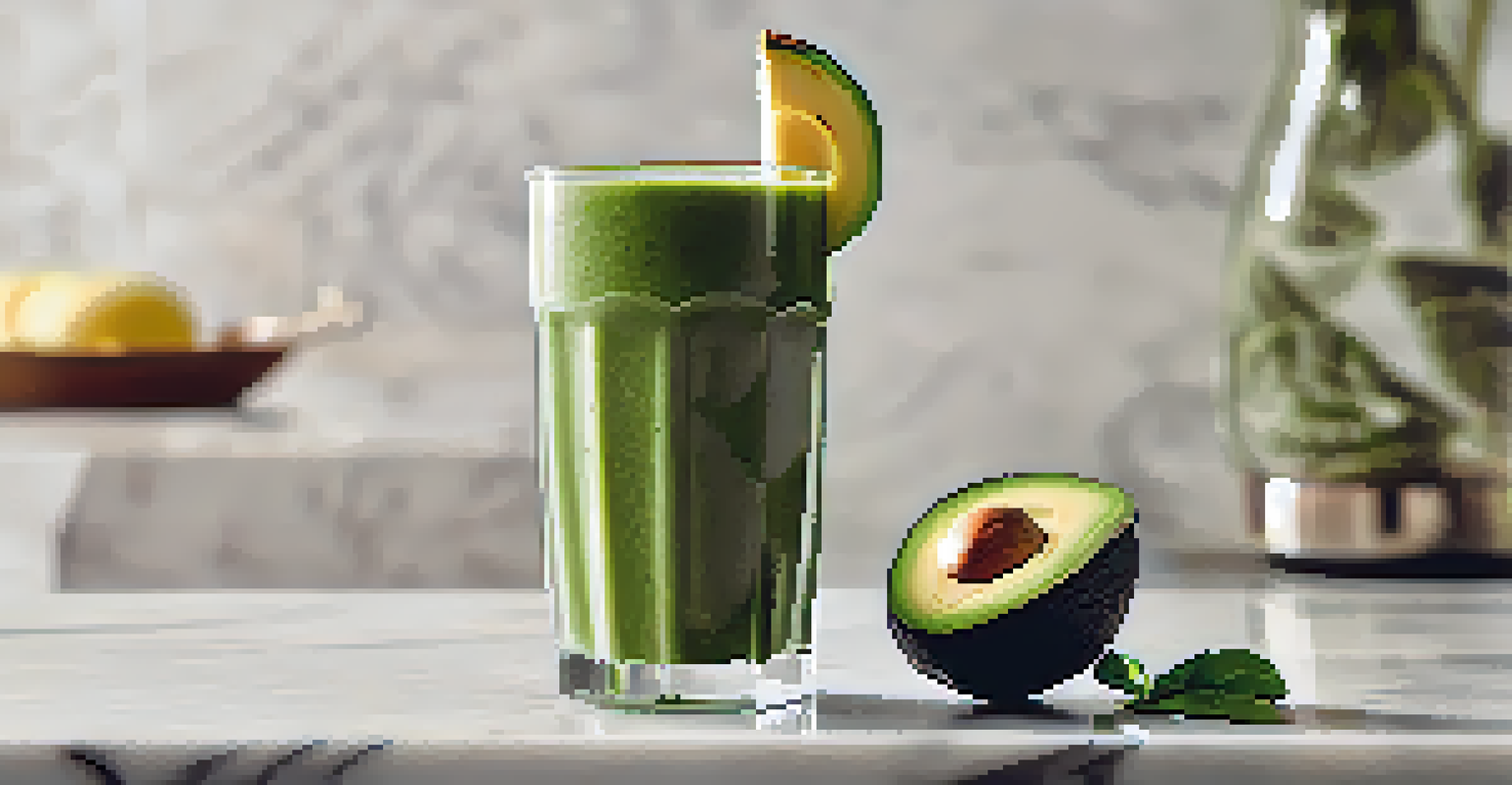 A green smoothie in a clear glass, surrounded by fresh avocado, banana, and spinach on a marble countertop.