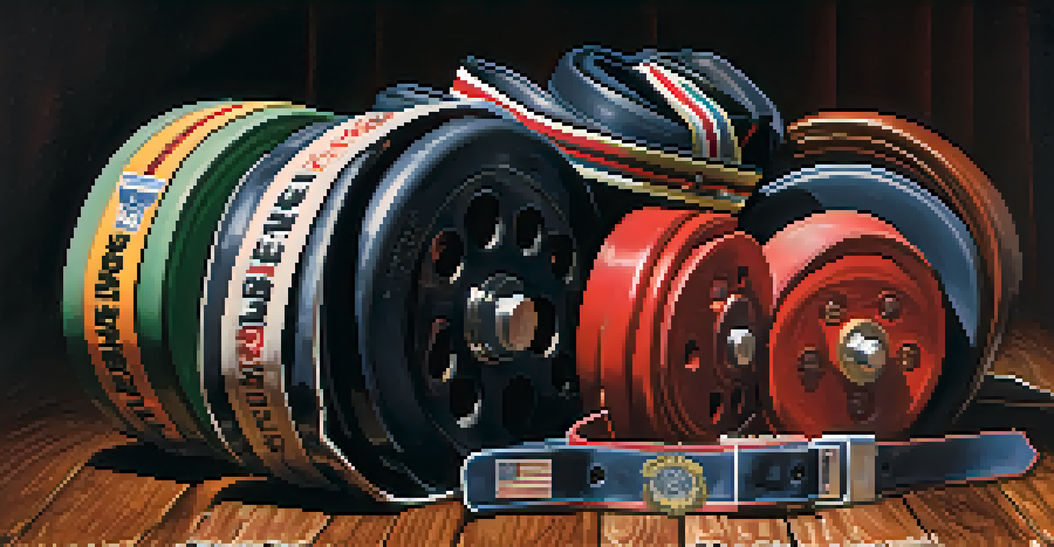 A close-up of vintage powerlifting gear including a lifting belt, knee wraps, and a powerlifting suit, showcasing their design and quality under dramatic lighting.