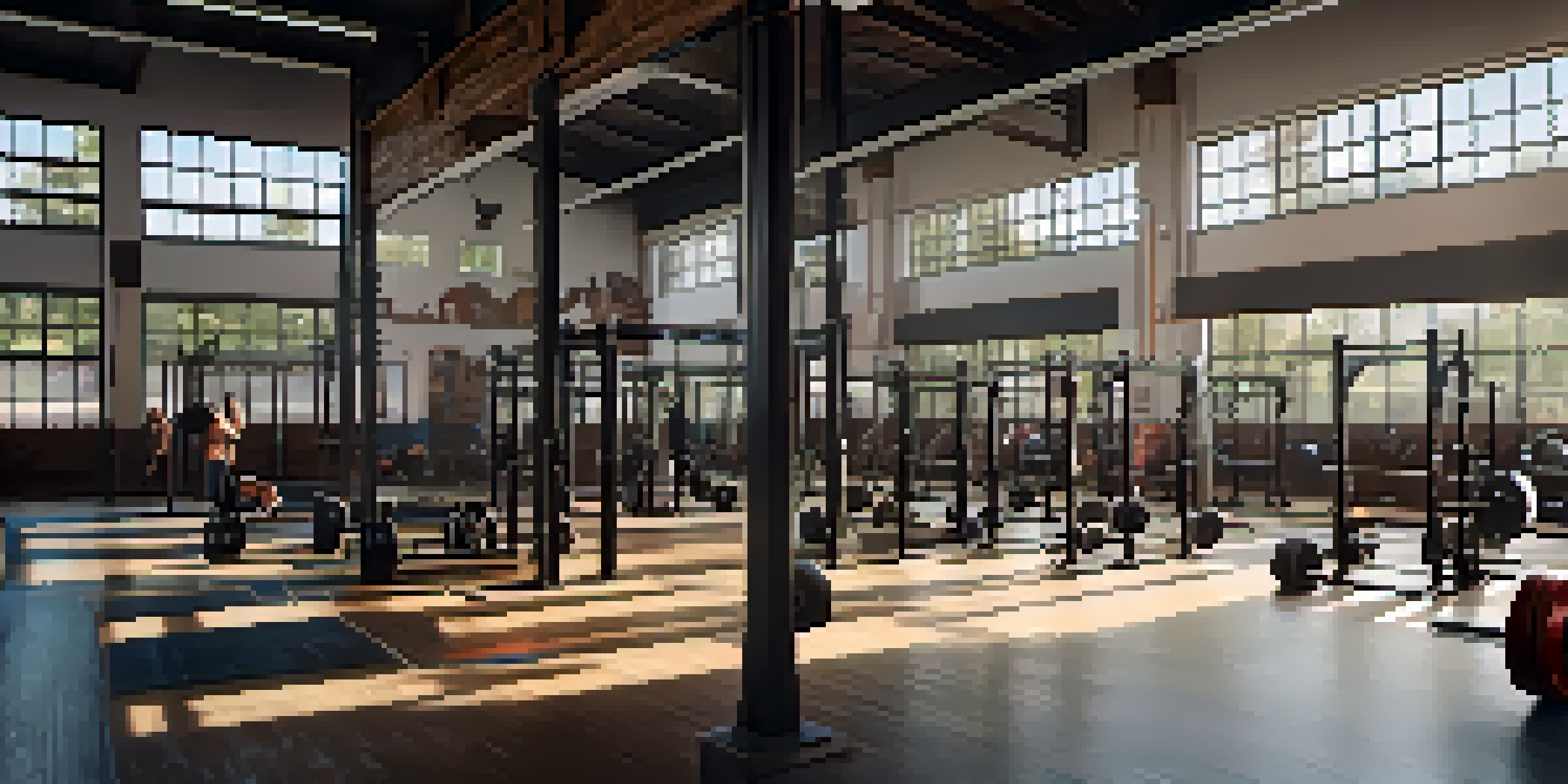A clean and organized powerlifting gym with squat racks, benches, and athletes warming up, illuminated by natural light.