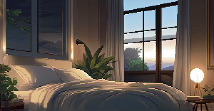 A peaceful bedroom with soft bedding, ambient lighting, and blackout curtains, designed for restful sleep.