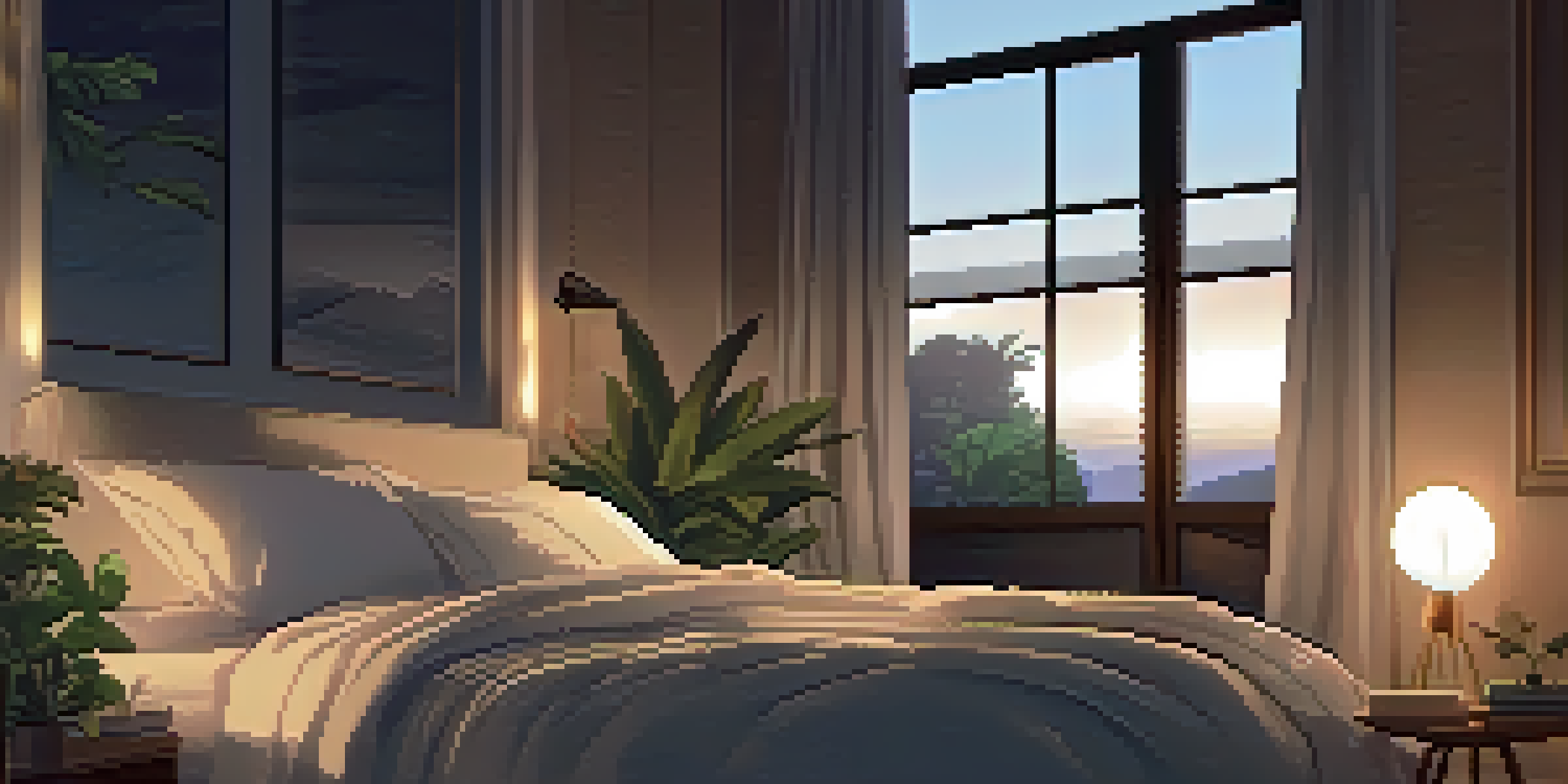 A peaceful bedroom with soft bedding, ambient lighting, and blackout curtains, designed for restful sleep.