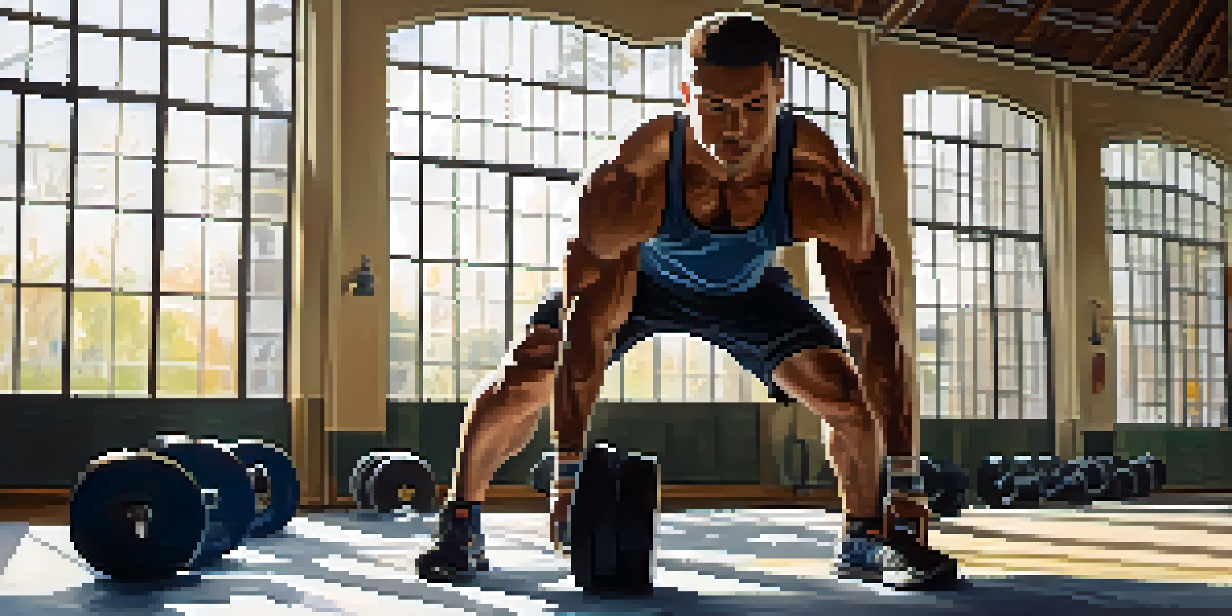 A powerlifter doing dynamic stretches in a gym, showcasing strength and focus with sunlight streaming through windows.